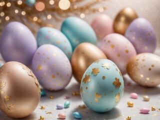 Soft pastel Easter eggs adorned with golden spots lie gently on a glittering surface, with a magical bokeh background enhancing their charm