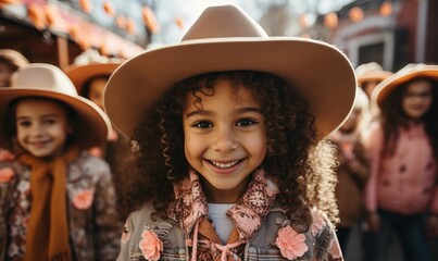 Happy little girl wearing cowboy hat with friends outdoors