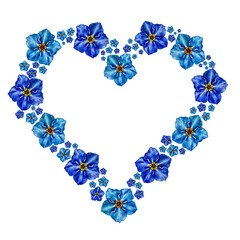 Blue floral heart with delicate forget me not flowers painted in watercolor. Illustration of flower composition for wedding invitations, card valentine's day, wedding, stickers, scrapbook, love