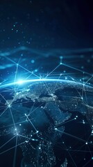 vertical global network technology  and digital world that surrounds planet earth  empty space for text on a dark blue background. concept: technology, future, network, artificial intelligence, blue