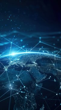 vertical global network technology  and digital world that surrounds planet earth  empty space for text on a dark blue background. concept: technology, future, network, artificial intelligence, blue