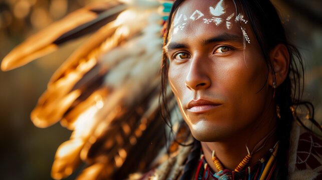 Portrait of a male native American Indian wearing traditional clothing