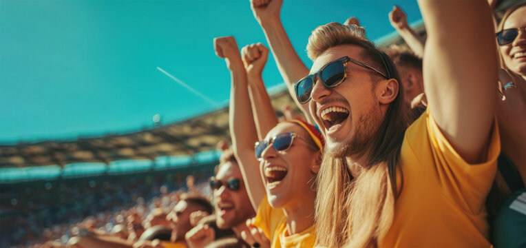 banner with empty space for text. fans at the stadium rejoice at the victory of their favorite team. concept: sport, game, victory, winning