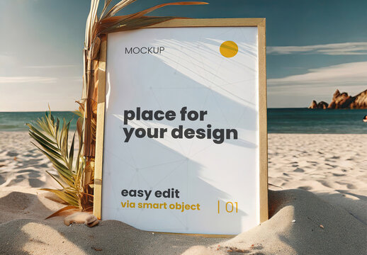 Vertical Poster Frame Mockup on the Beach 01