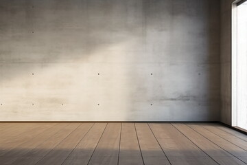 Bright empty room with concrete wall and wooden floor