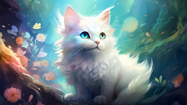 Beautiful white kitten in a fairyland. Fantasy style.