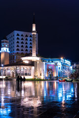 Fototapeta na wymiar Albania Tirana square Et'hem bey mosque Tirana municipality, reflection in square from rain night