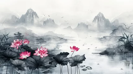 Foto op Canvas Serene Lotus: Traditional Chinese Ink Landscape Painting © cac_tus