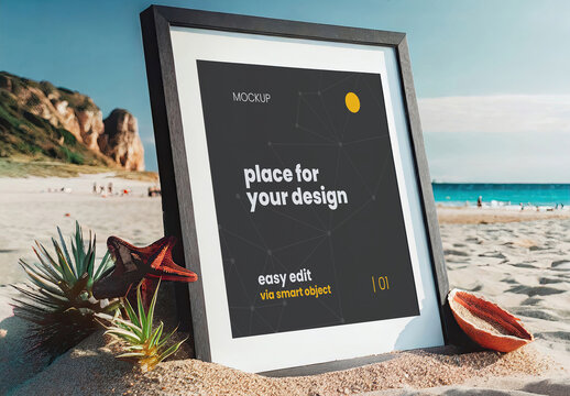 Vertical Poster Frame Mockup on the Beach 06