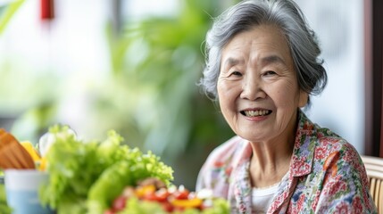Obraz premium portrait of a retired happy elderly woman of asian chinese appearance celebrates a holiday in a restaurant, eats. concept: elderly health, old age, nutrition