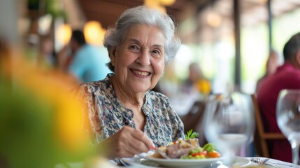 portrait of a retired happy elderly woman of European appearance celebrates a holiday in a restaurant, eats. concept: elderly health, old age, nutrition