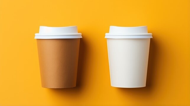 Two paper coffee cups with white lids on a yellow background