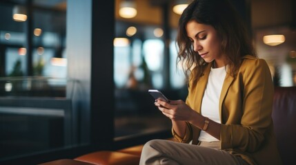 a young woman of European appearance writes and reads a message on a smartphone. technology concept, work, online, communication, message