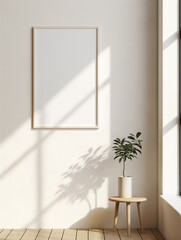 Mockup poster on a white wall with light reflections 
