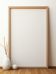 Mockup poster with wooden frame against white wall 