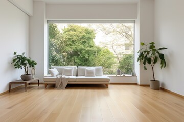 A bright and airy living room with a large window looking out onto a lush green garden