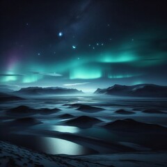 Fototapeta na wymiar Aurora borealis over snowy mountain landscape at night