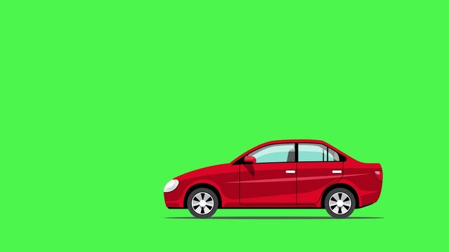 2D animated red car stops and moving right to left isolated with shadow on Green Screen Background. Animated video. Can be used in cartoons. Royalty free.