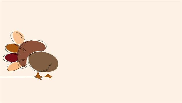 Self-drawing of a turkey with one line on a light skin screen. Thanksgiving dinner concept. 4K stock animation of turkey and text of wish Happy Thanksgiving Dinner. Royality free.
