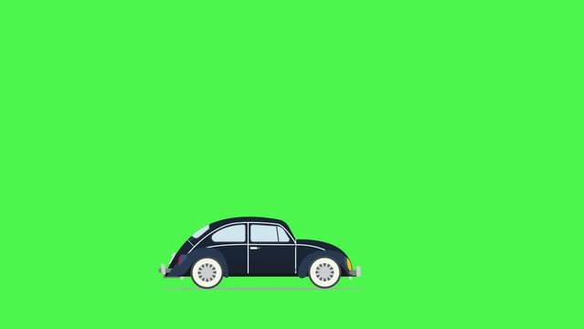 2D animated vintage navy blue Car stops and moving left to right isolated with shadow on Green Screen Background. Animated video. Can be used in cartoons. Royalty free.