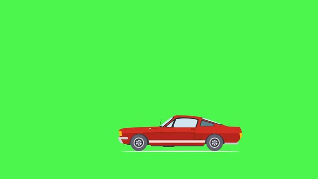 2D animated vintage red car stops and moving right to left isolated with shadow on Green Screen Background. Animated video. Can be used in cartoons. Royalty free.