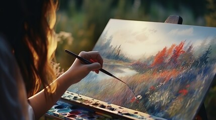 A close shot of a female artist drawing a picture of the field with a brush.