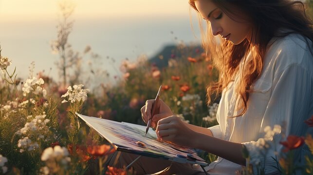 A close shot of a female artist drawing a picture of the field with a brush.