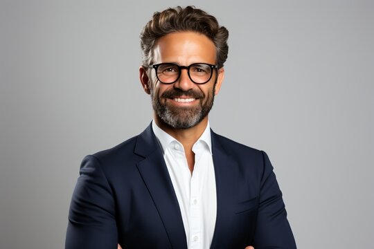 Headshot of a smiling businessman wearing glasses