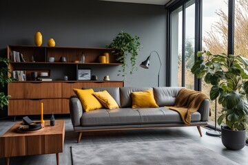 A Stylish Living Room With a Gray Sofa and Yellow Accents