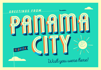 Greetings from Panama City, Florida, USA - Wish you were here! - Touristic Postcard. Vector Illustration.