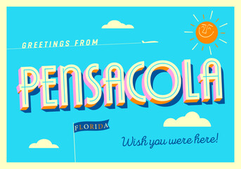 Greetings from Pensacola, Florida, USA - Wish you were here! - Touristic Postcard. Vector Illustration. - 710953879