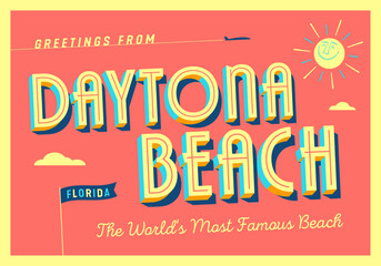 Greetings from Daytona Beach, Florida, USA - The World's Most Famous Beach - Touristic Postcard. Vector Illustration. - obrazy, fototapety, plakaty