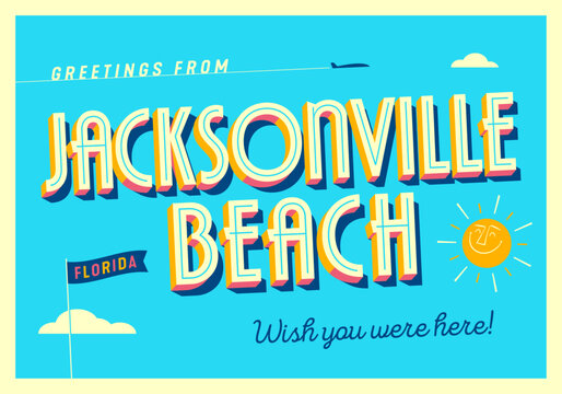 Greetings from Jacksonville Beach, Florida, USA - Wish you were here! - Touristic Postcard. Vector Illustration.