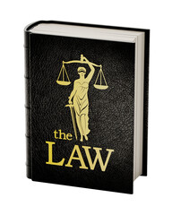 Black book entitled the law on transparent background. 3D illustration