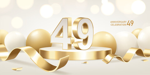 Obraz na płótnie Canvas 49th Anniversary celebration background. Golden 3D numbers on round podium with golden ribbons and balloons with bokeh lights in background.