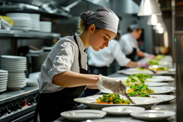 Female chef plating dishes in commercial kitchen