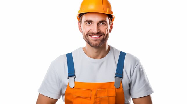 A happy handyman in uniform isolated on white can be seen in this close-up portrait.
