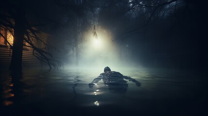 A man floating is the subject of a creepy scene.