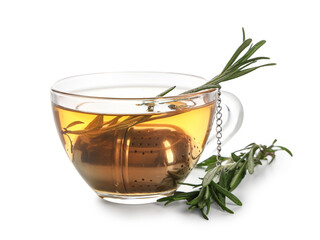 Glass cup of hot rosemary tea on white background