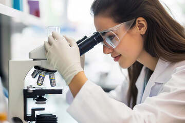 Woman in Lab Coat Examining Microorganisms With Microscope
