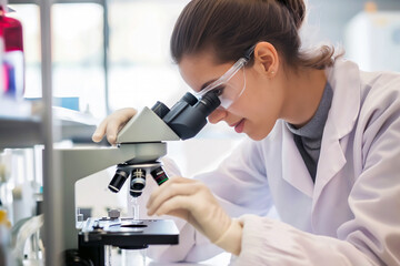 Woman in Lab Coat Examining Microorganism Through Microscope