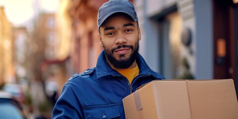 courier delivering parcels with a box in his hands Generative AI - obrazy, fototapety, plakaty