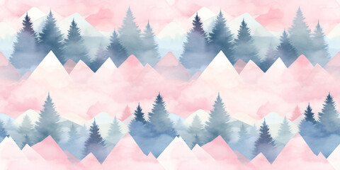 Seamless pattern with foggy mountains and pine trees in blue and pink colors. Hand drawn watercolor mountain landscape seamless border. For print, graphic design, postcard, wallpaper, wrapping paper