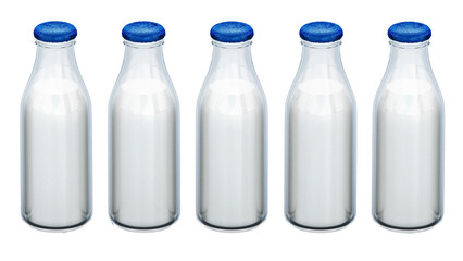 Milk bottles in a row isolated on transparent background. 3D illustration