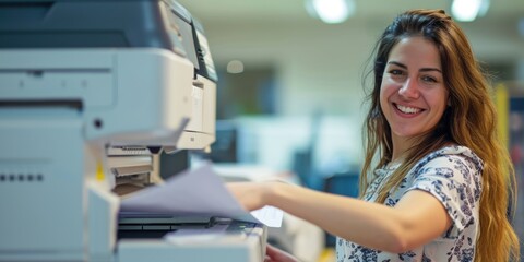 office worker girl using copy machine Generative AI