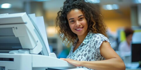 office worker girl using copy machine Generative AI - obrazy, fototapety, plakaty