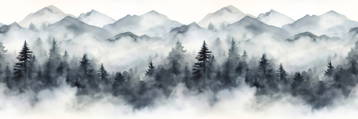 Seamless pattern with foggy mountains and pine trees in black and white colors. Hand drawn watercolor mountain landscape pattern. For print, graphic design, postcard, wallpaper, wrapping paper