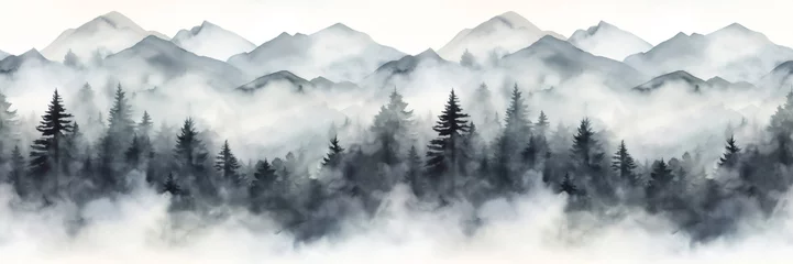 Foto op Plexiglas Seamless pattern with foggy mountains and pine trees in black and white colors. Hand drawn watercolor mountain landscape pattern. For print, graphic design, postcard, wallpaper, wrapping paper © Milan