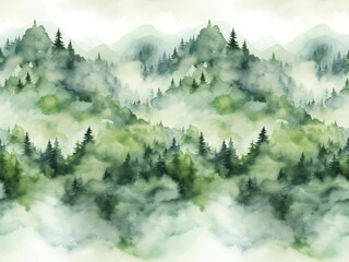 Seamless pattern with foggy mountains and pine trees in green and white colors. Hand drawn watercolor mountain landscape pattern. For print, graphic design, postcard, wallpaper, wrapping paper