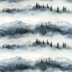 Seamless pattern with foggy mountains and pine trees forest in black and white colors. Hand drawn watercolor mountain landscape pattern. For print, graphic design, wallpaper, wrapping paper - obrazy, fototapety, plakaty